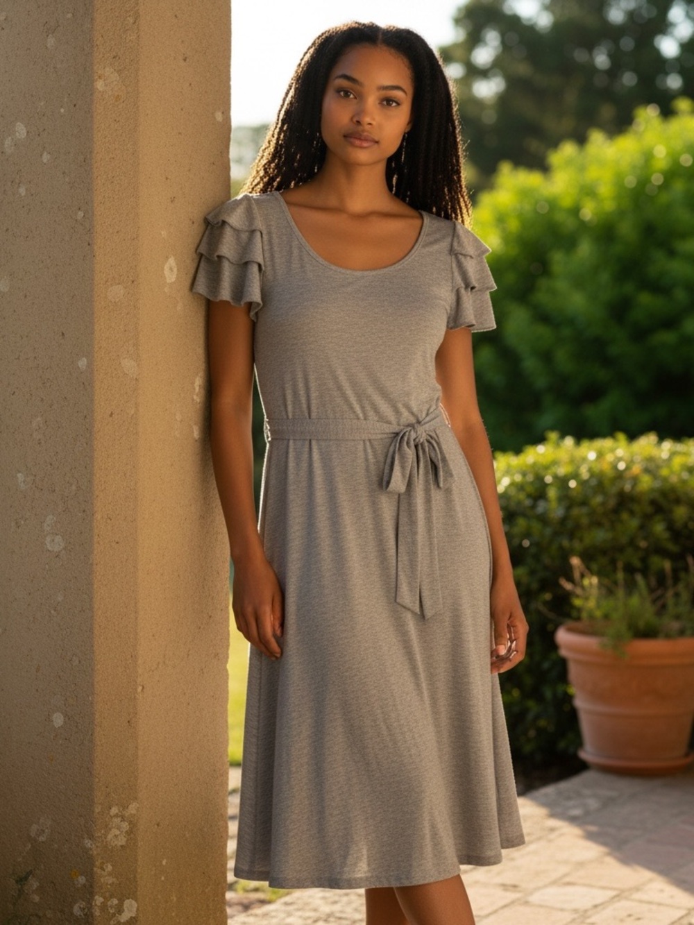Loft Gray Stretch Tiered Flutter Short Sleeve Knit Dress Size Medium